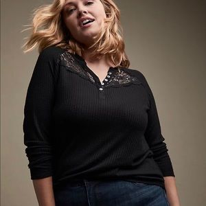 Black long sleeve knit shirt with lace detail